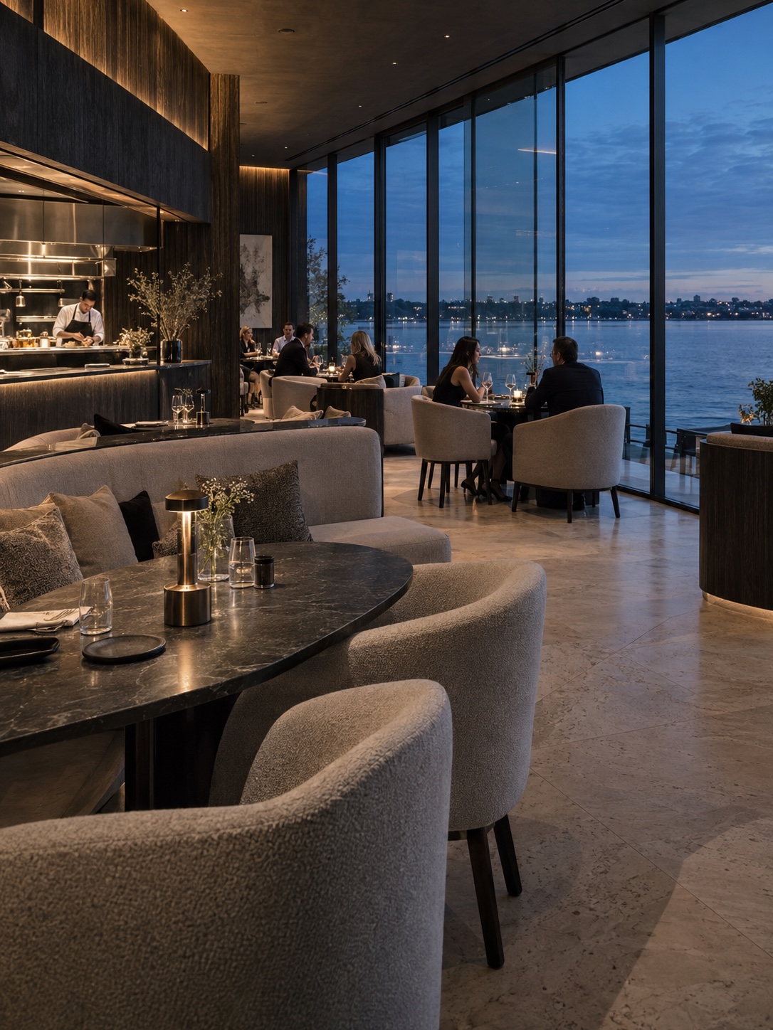 Waterfront Luxury Restaurant Interior Elegant waterfront restaurant interior at dusk with floor-to-ceiling windows, plush gray seating, and diners dining by the water. | Sky Rye Design Ultra-modern waterfront restaurant interior with charred oak, stone and panoramic glazing