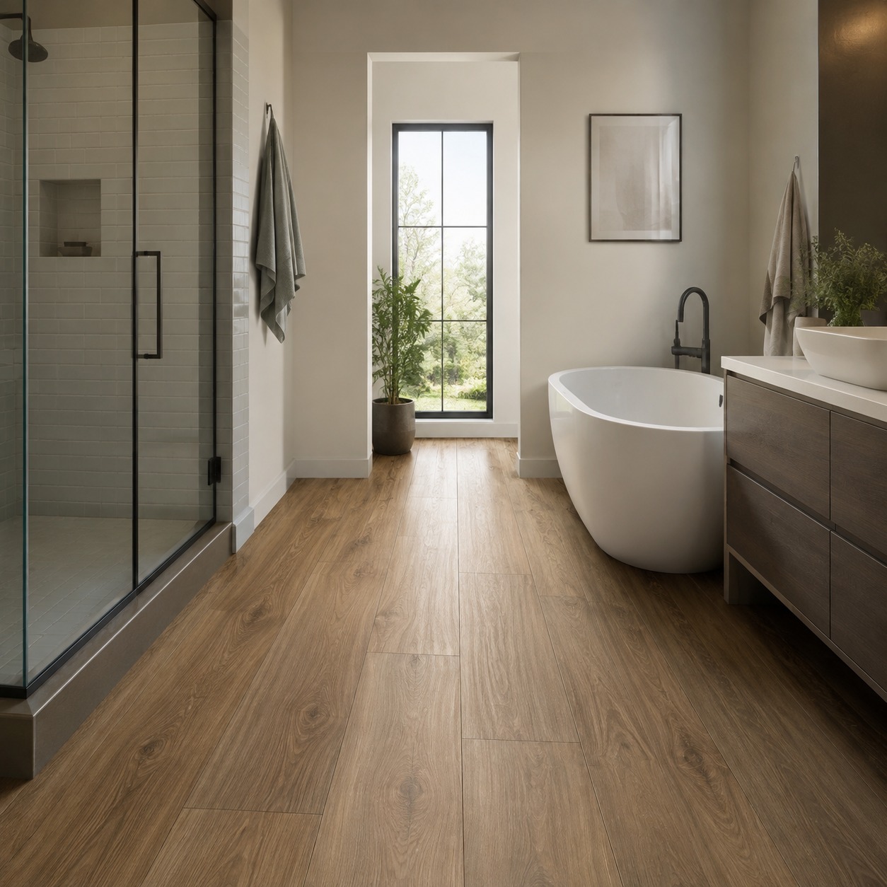 Waterproof Luxury Vinyl Bathroom Flooring A modern bathroom with wood-look luxury vinyl plank flooring and minimalist fixtures. | Sky Rye Design A modern bathroom with wood-look luxury vinyl plank flooring and minimalist fixtures.