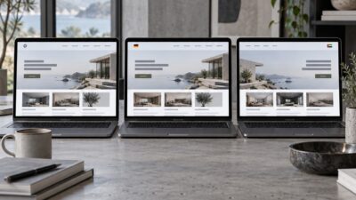 Three screens showing English, German, and Arabic versions of the same landing page in a modern design studio