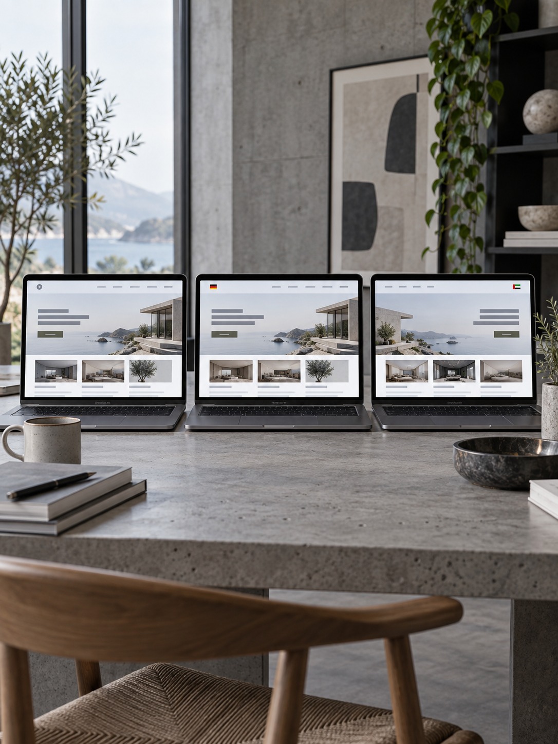 Website Localization Testing for Designers Three screens showing English, German, and Arabic versions of the same landing page in a modern design studio | Sky Rye Design Three screens showing English, German, and Arabic versions of the same landing page in a modern design studio