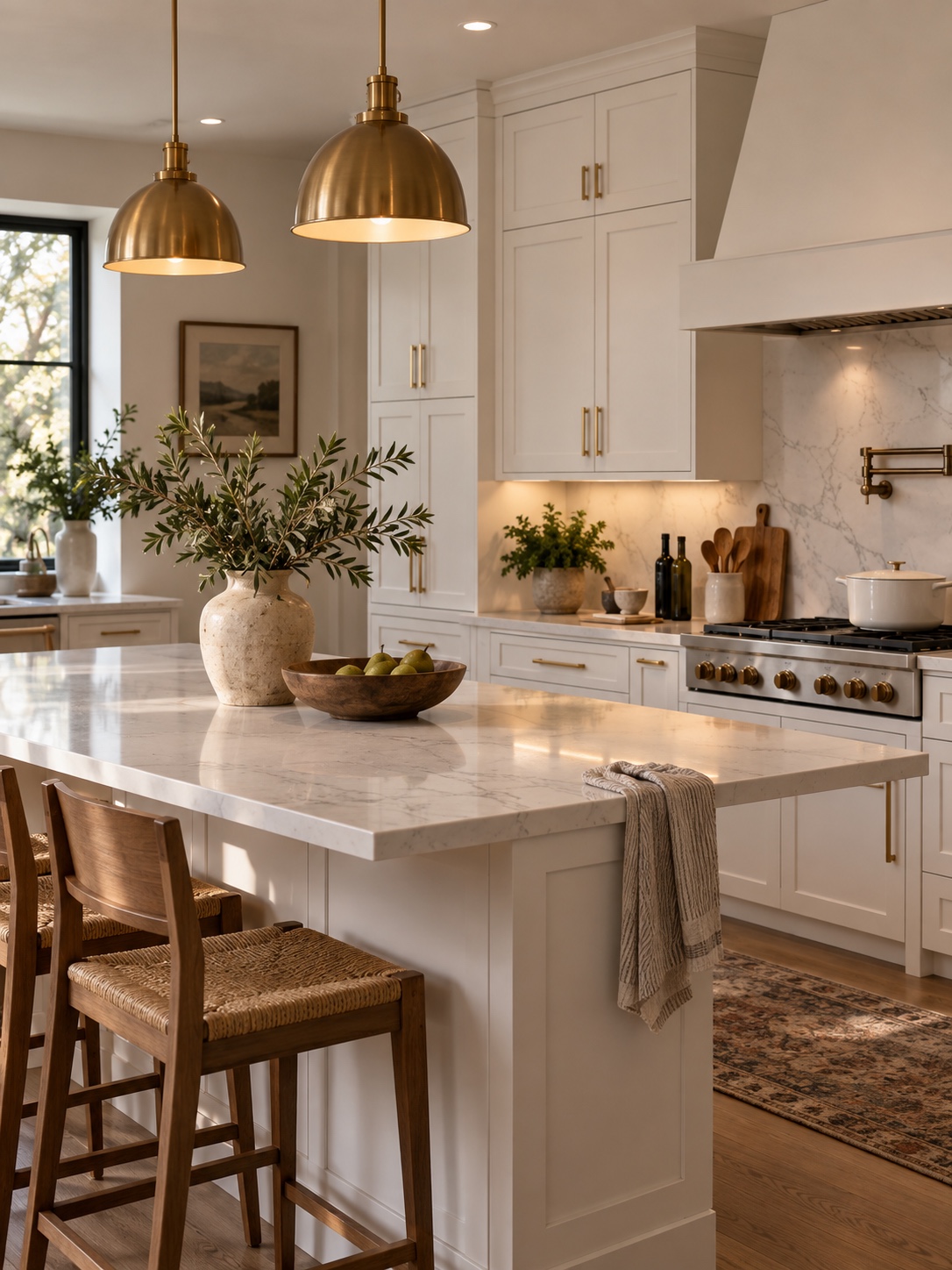 Fresh white kitchen cabinets Repainted white shaker cabinets with brass hardware and quartz countertops | Sky Rye Design Repainted white shaker cabinets with brass hardware and quartz countertops