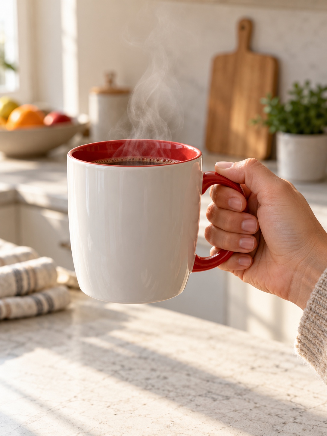 Hand lifting a steaming white mug with a warm red interior in a minimalist kitchen