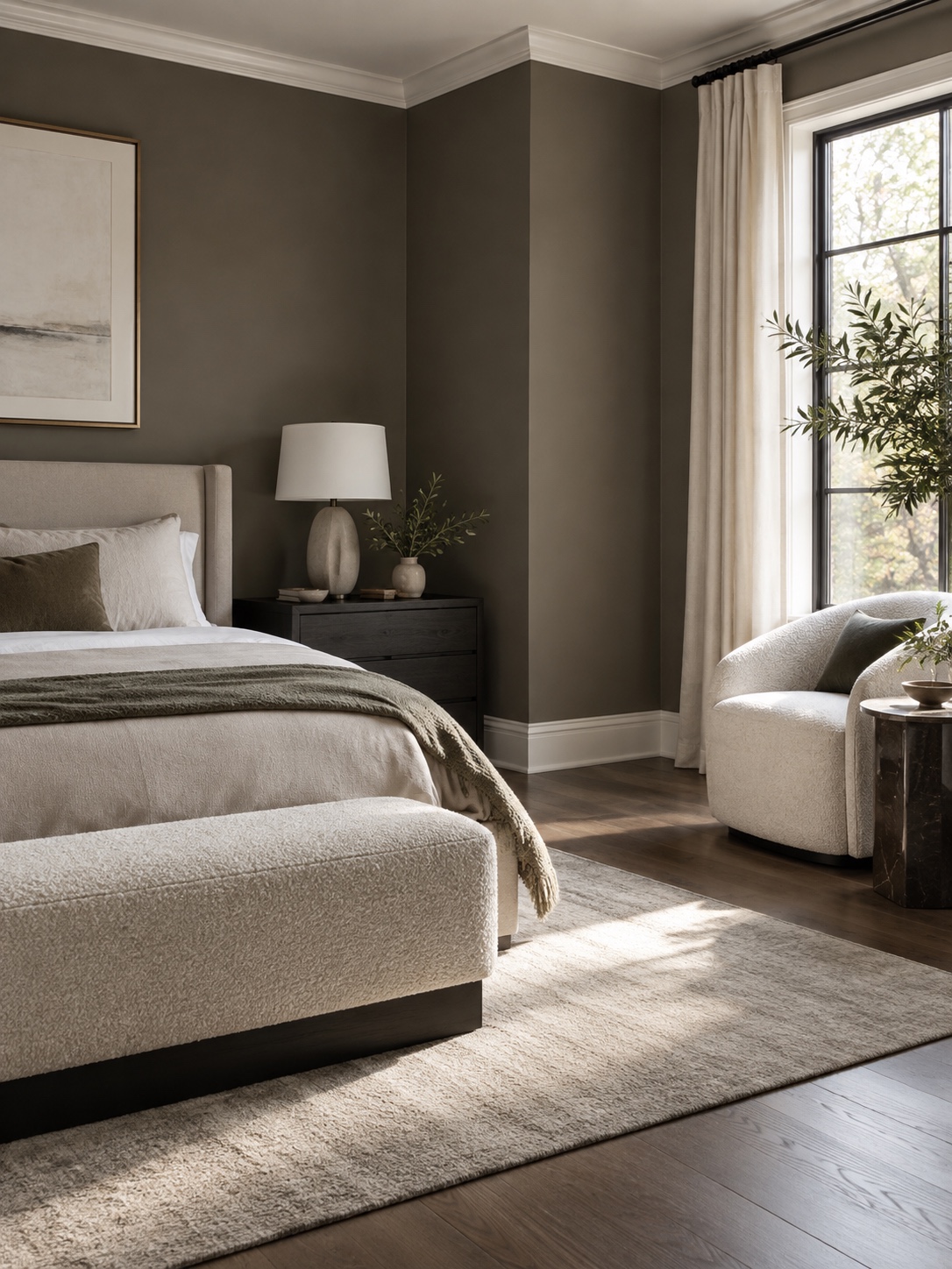 White trim and greige walls Crisp white trim against muted greige bedroom walls | Sky Rye Design Crisp white trim against muted greige bedroom walls