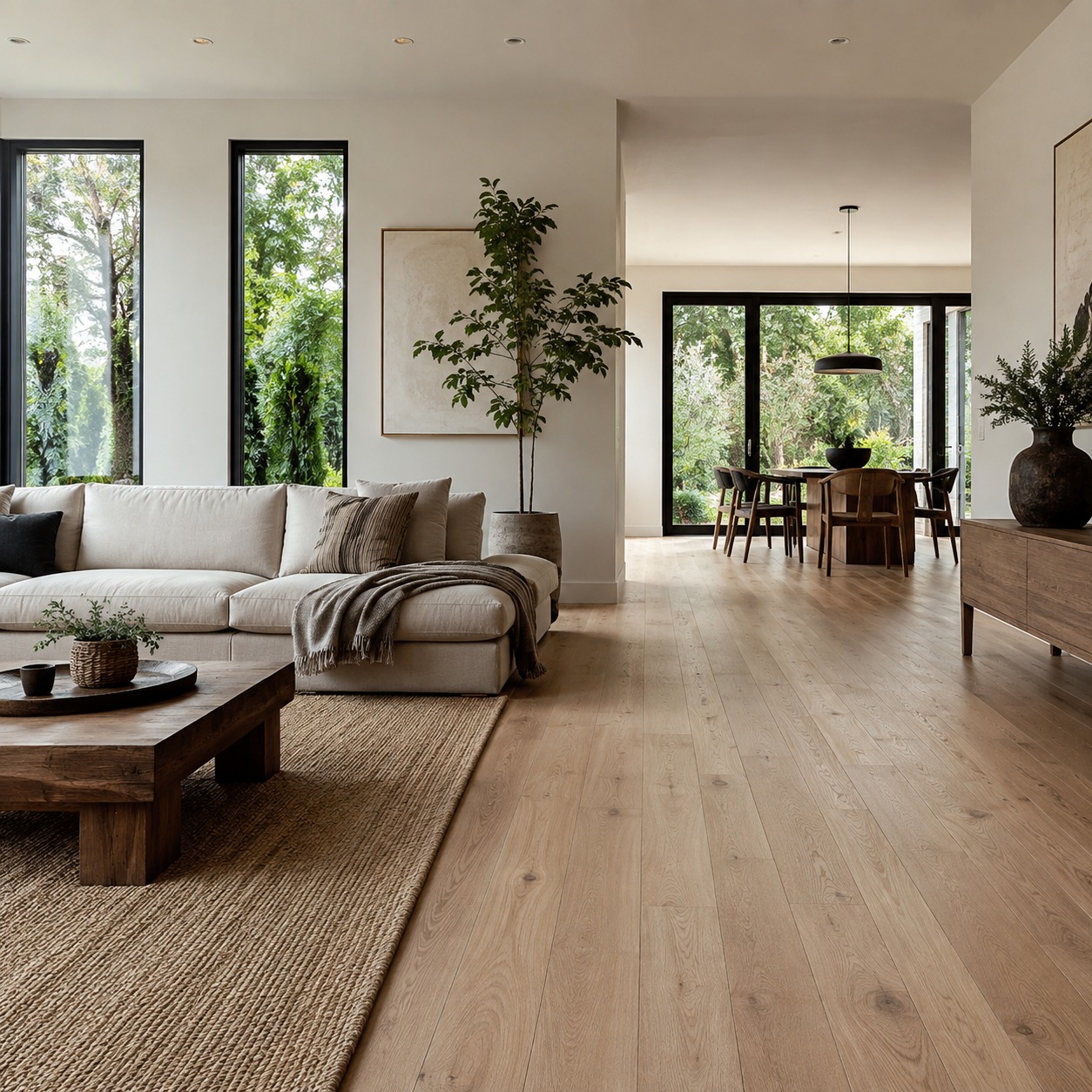 Wide-Plank White Oak Living Room Flooring A modern living room and dining area connected by continuous wide-plank white oak flooring. | Sky Rye Design A modern living room and dining area connected by continuous wide-plank white oak flooring.