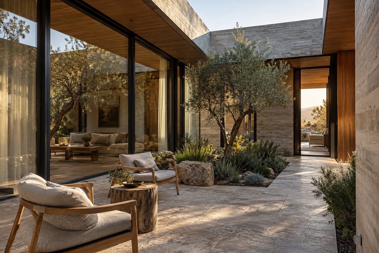 Sheltered courtyard with large glazing, concrete and steel structure, mineral paving and protected interior timber