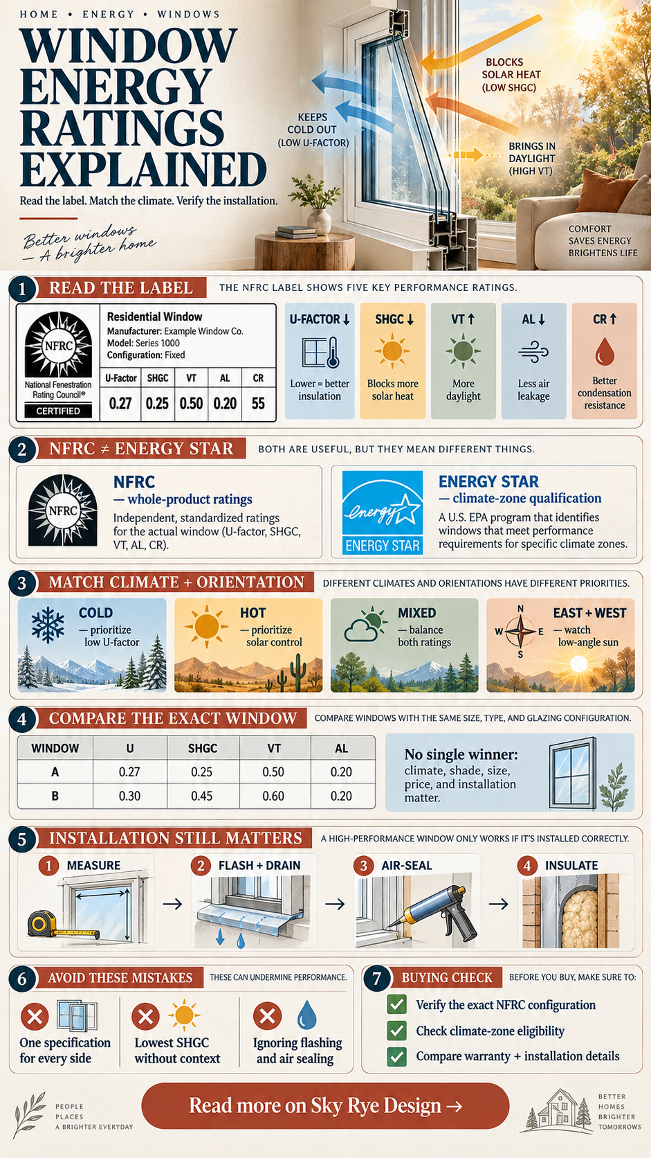 Window energy ratings infographic explaining U-factor, SHGC, visible transmittance, air leakage, climate choices, and installation steps.