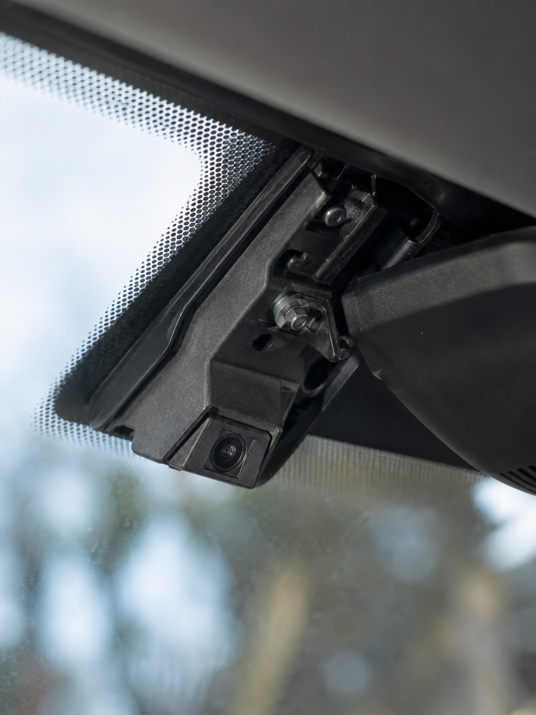 Windshield ADAS Camera Bracket Macro view of an ADAS camera bracket mounted against automotive windshield glass | Sky Rye Design Macro view of an ADAS camera bracket mounted against automotive windshield glass