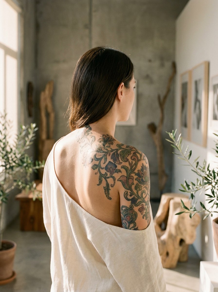 Wraparound floral shoulder tattoo extending from the cap toward the back