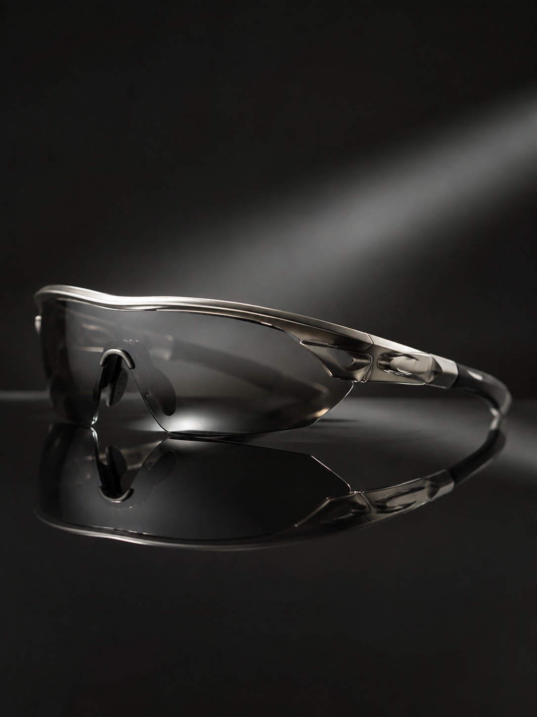 Sporty shield sunglasses Sporty shield sunglasses reflected on a glossy black surface | Sky Rye Design Sporty shield sunglasses reflected on a glossy black surface