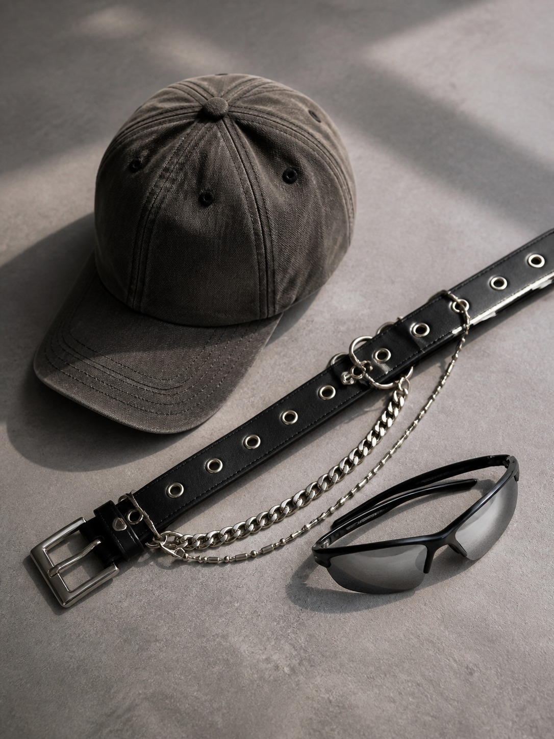 Streetwear accessories flat lay Baseball cap, chain belt and wraparound sunglasses arranged together | Sky Rye Design Baseball cap, chain belt and wraparound sunglasses arranged together