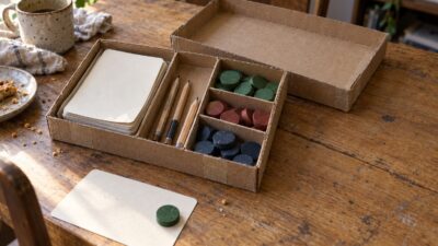 Open cardboard game kit prototype on an oak table with cards, pencils, paper and tokens in simple compartments