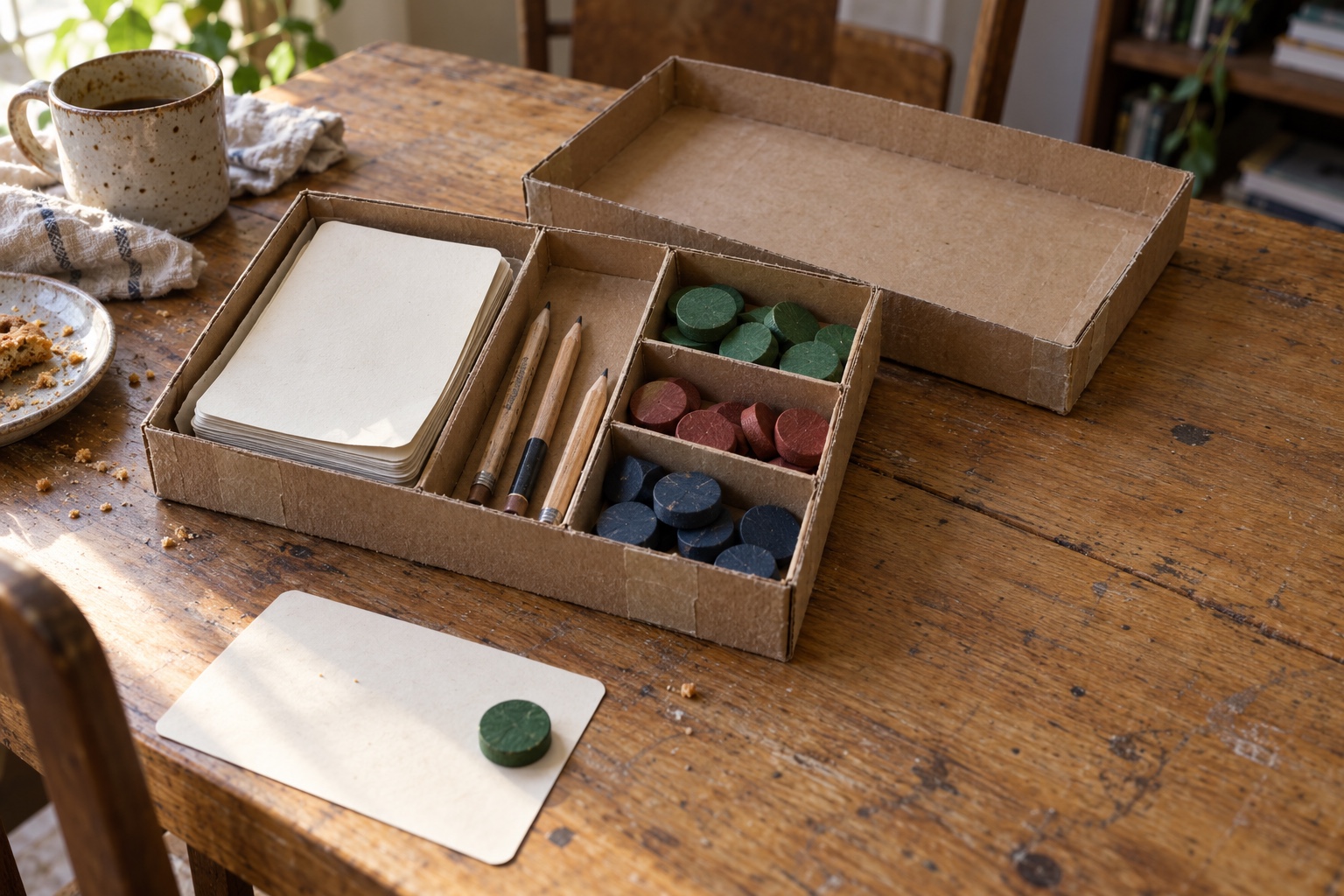 Open cardboard game kit prototype Open cardboard game kit prototype on an oak table with cards, pencils, paper and tokens in simple compartments | Sky Rye Design Open cardboard game kit prototype on an oak table with cards, pencils, paper and tokens in simple compartments
