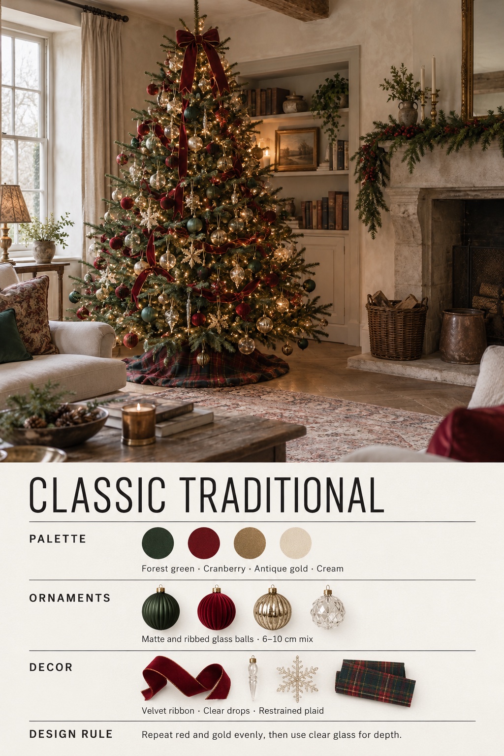 Classic Traditional Christmas Tree Infographic Classic Traditional Christmas tree infographic with color palette, ornaments, decor, and design rule | Sky Rye Design Classic Traditional Christmas tree infographic with color palette, ornaments, decor, and design rule