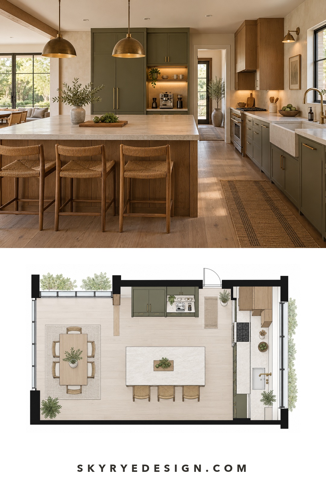 Modern kitchen and floor plan showing clear counters with separate prep, coffee, and wash zones