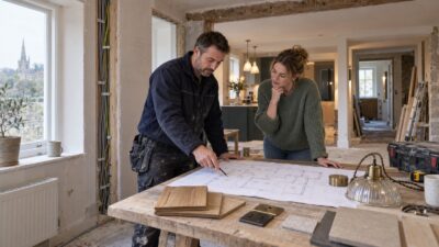 Electrician reviewing lighting and power plans in a renovated Salisbury home