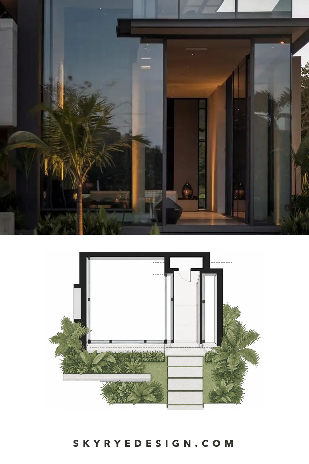 Luxury Villa Arrival and Entry Plan Luxury villa entrance paired with a top-down arrival and entry floor plan. | Sky Rye Design Luxury villa entrance paired with a top-down arrival and entry floor plan.