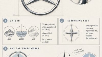 Infographic explaining the origin, surprising fact, and design logic of the Mercedes-Benz logo