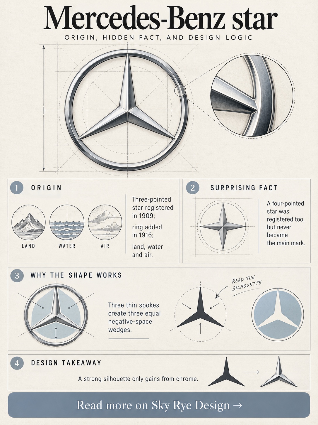 Infographic explaining the origin, surprising fact, and design logic of the Mercedes-Benz logo