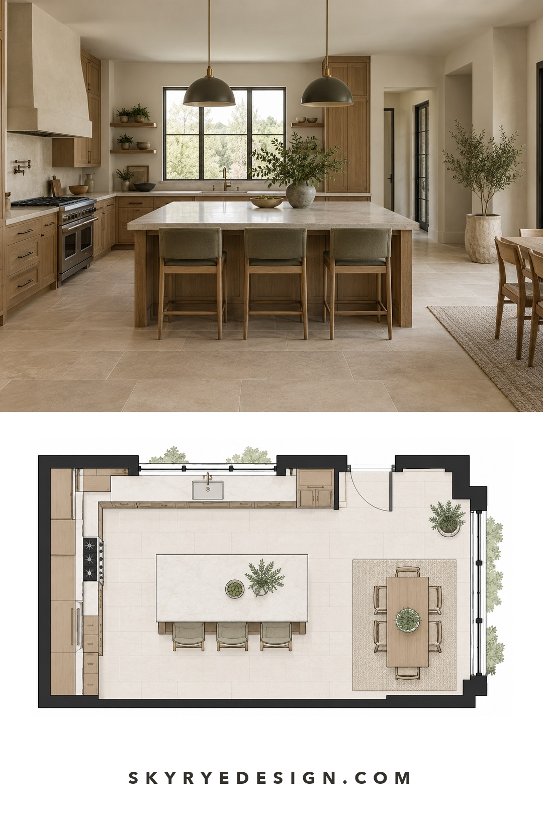 Warm modern kitchen and floor plan with a cohesive oak, limestone, sage, and charcoal palette