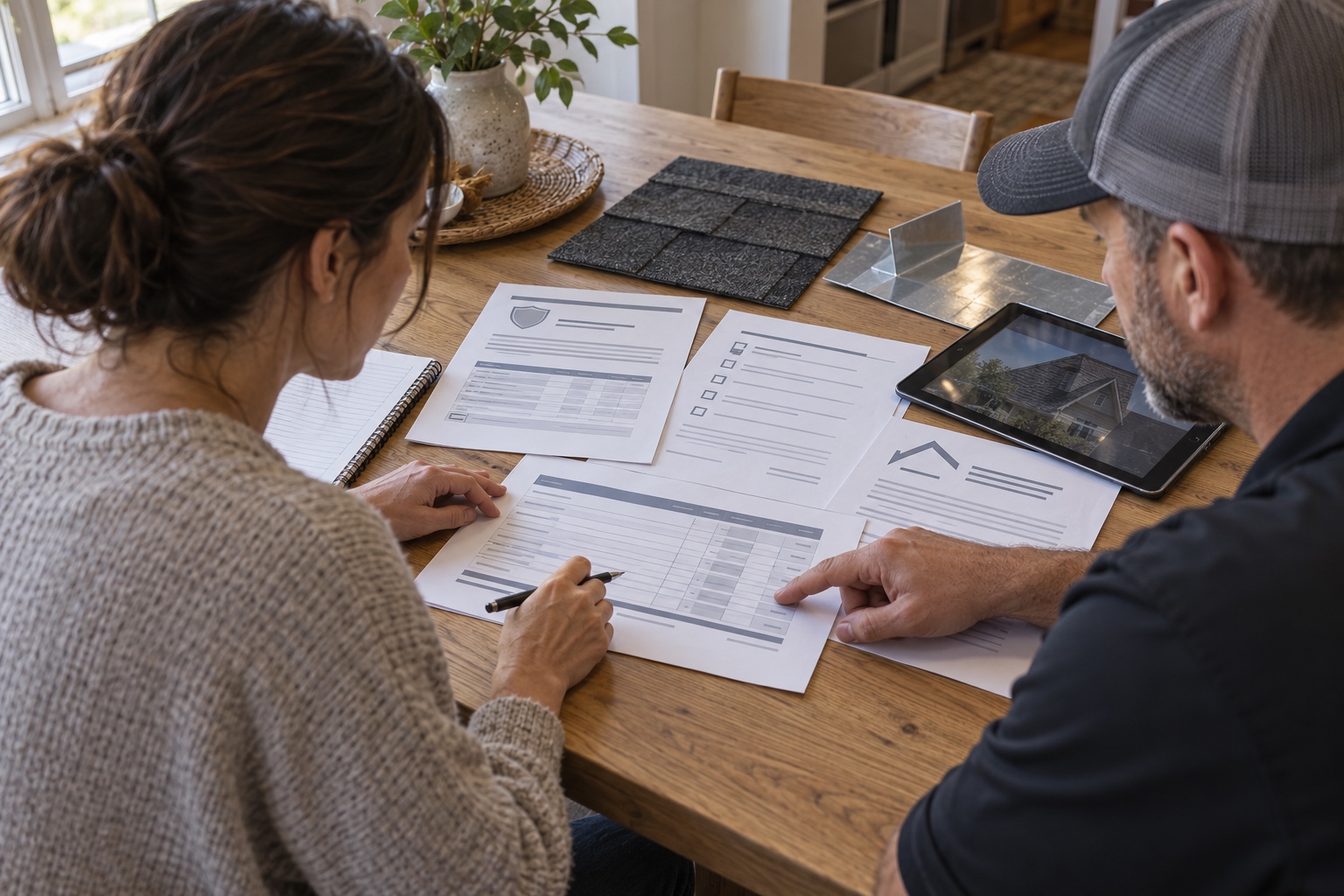 Roofing Contractor Credentials Review Homeowner reviewing roofing contractor credentials and an itemized estimate | Sky Rye Design Homeowner reviewing roofing contractor credentials and an itemized estimate