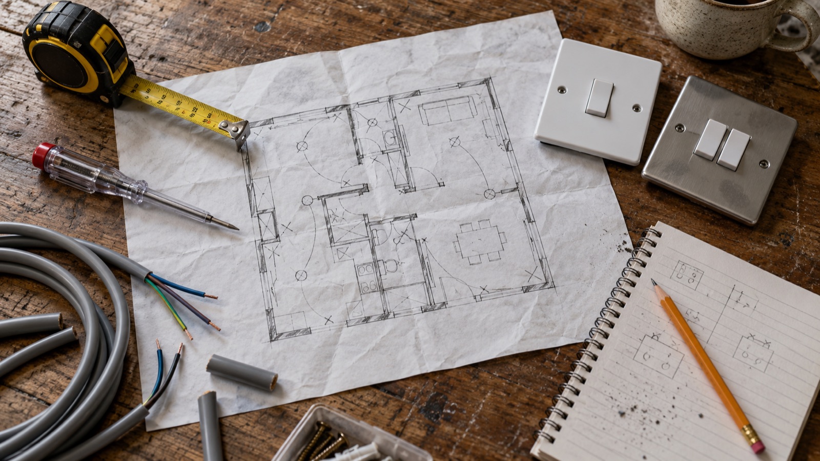 Electrical project checklist with plans tester and material samples Electrical project checklist with plans, tester and material samples | Sky Rye Design Electrical project checklist with plans, tester and material samples