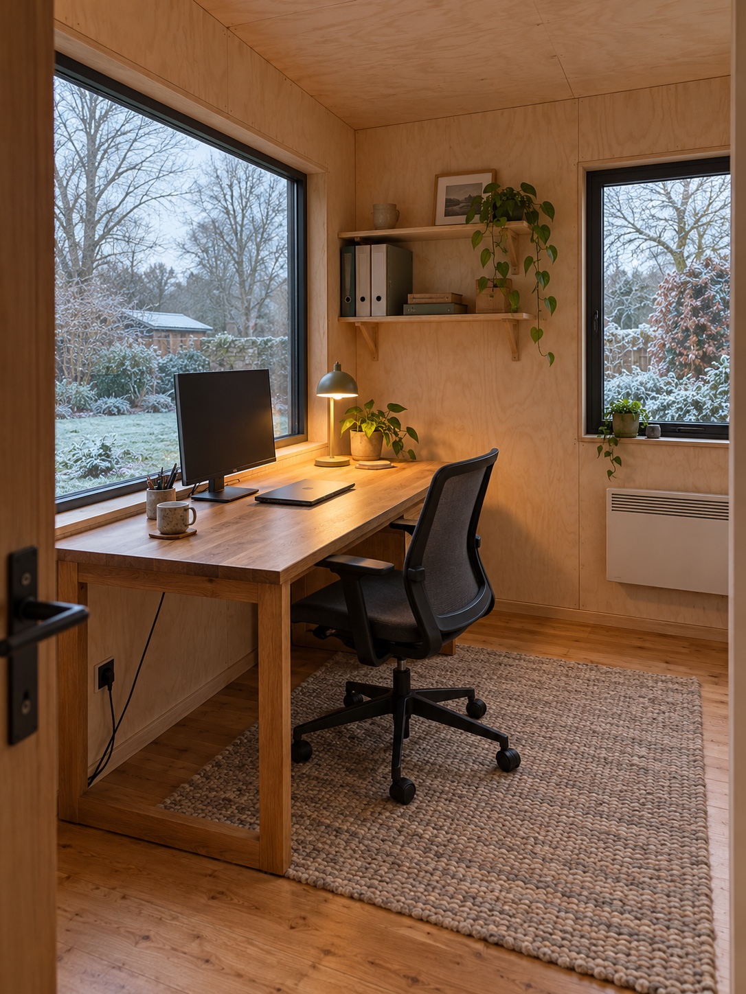 Insulated, lined timber garden office interior in winter with a desk beside a window overlooking a frosty garden