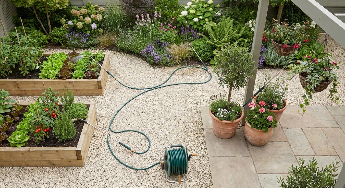 Top-down garden plan showing a practical watering route from paths to beds and containers