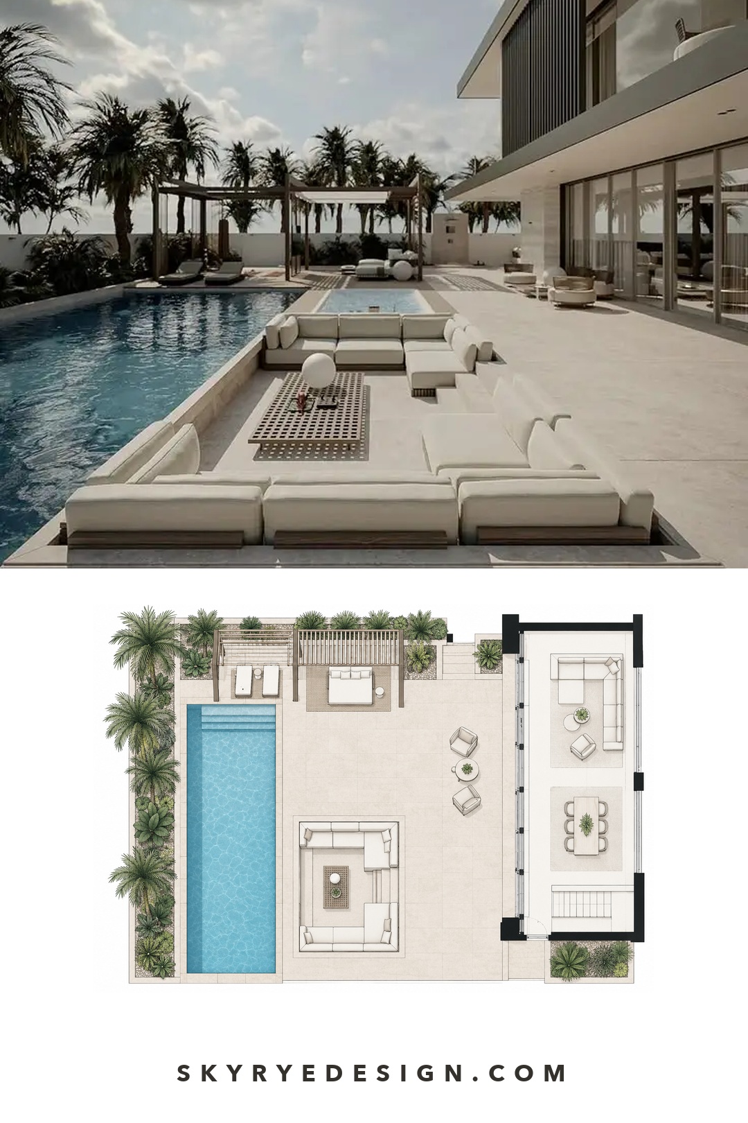 Luxury Villa Pool Courtyard Plan Modern villa pool courtyard paired with a top-down courtyard floor plan. | Sky Rye Design Modern villa pool courtyard paired with a top-down courtyard floor plan.