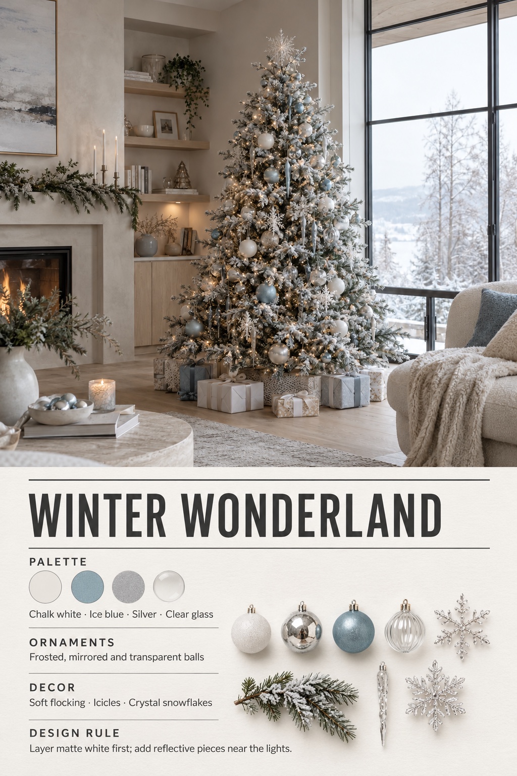 Winter Wonderland Christmas Tree Infographic Winter Wonderland Christmas tree infographic with color palette, ornaments, decor, and design rule | Sky Rye Design Winter Wonderland Christmas tree infographic with color palette, ornaments, decor, and design rule