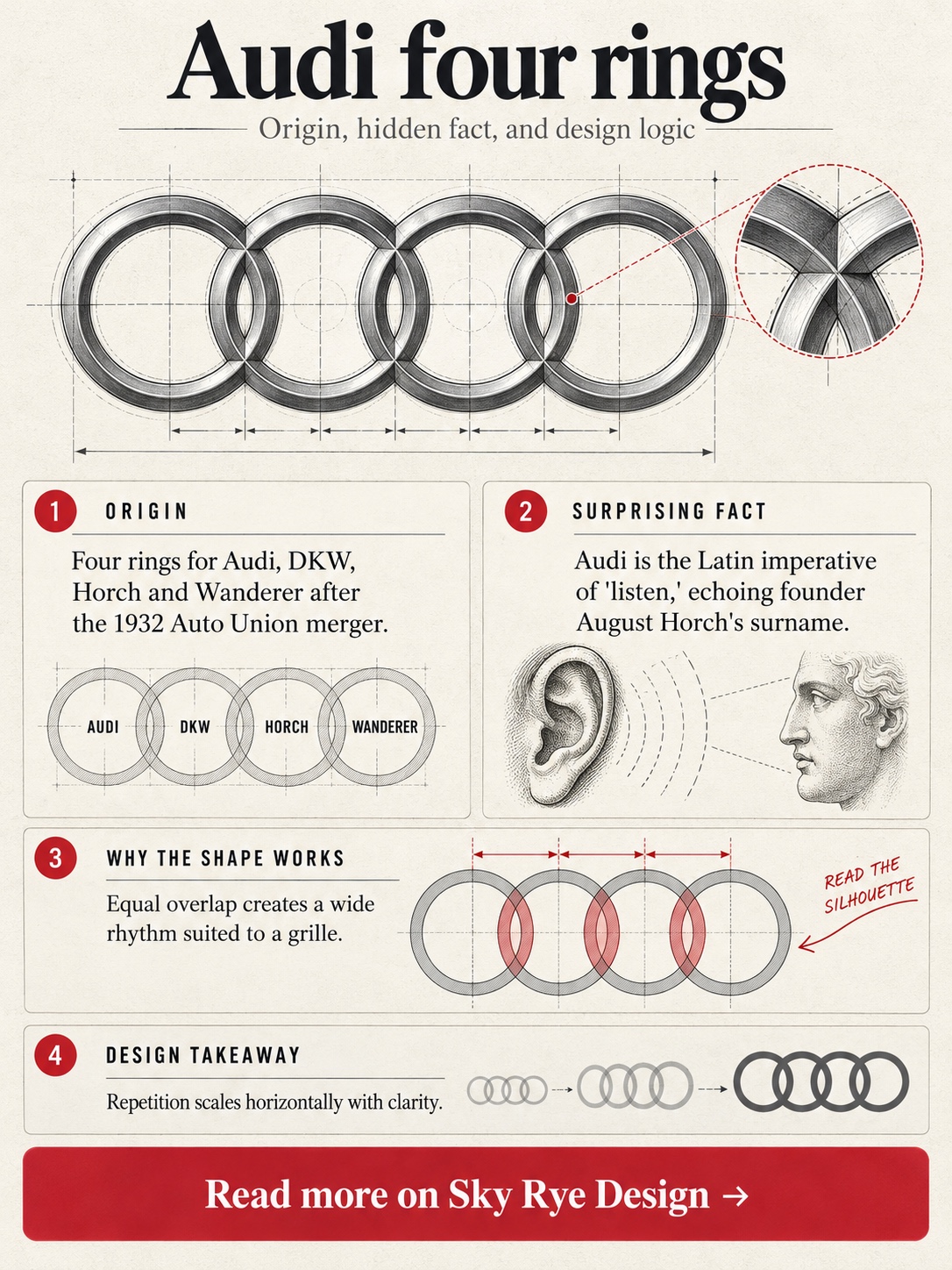 Infographic explaining the origin, surprising fact, and design logic of the Audi logo
