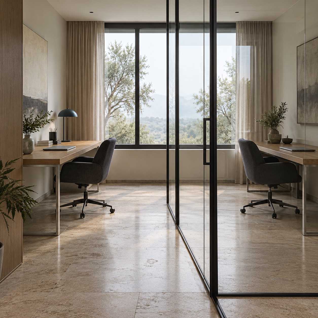 Modern dual home workspace A modern home office with two distinct workspaces beside a shared window | Sky Rye Design A modern home office with two distinct workspaces beside a shared window