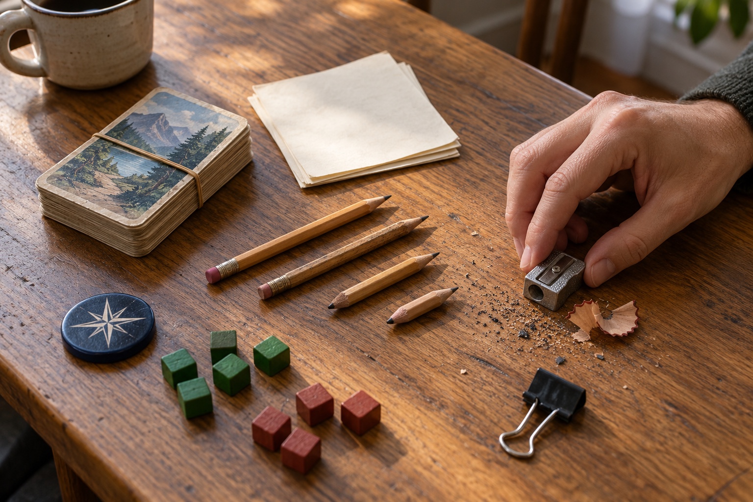 Gathering every real piece Game supplies laid out including spare paper, a pencil sharpener, turn markers and a rubber band holding cards | Sky Rye Design Game supplies laid out including spare paper, a pencil sharpener, turn markers and a rubber band holding cards