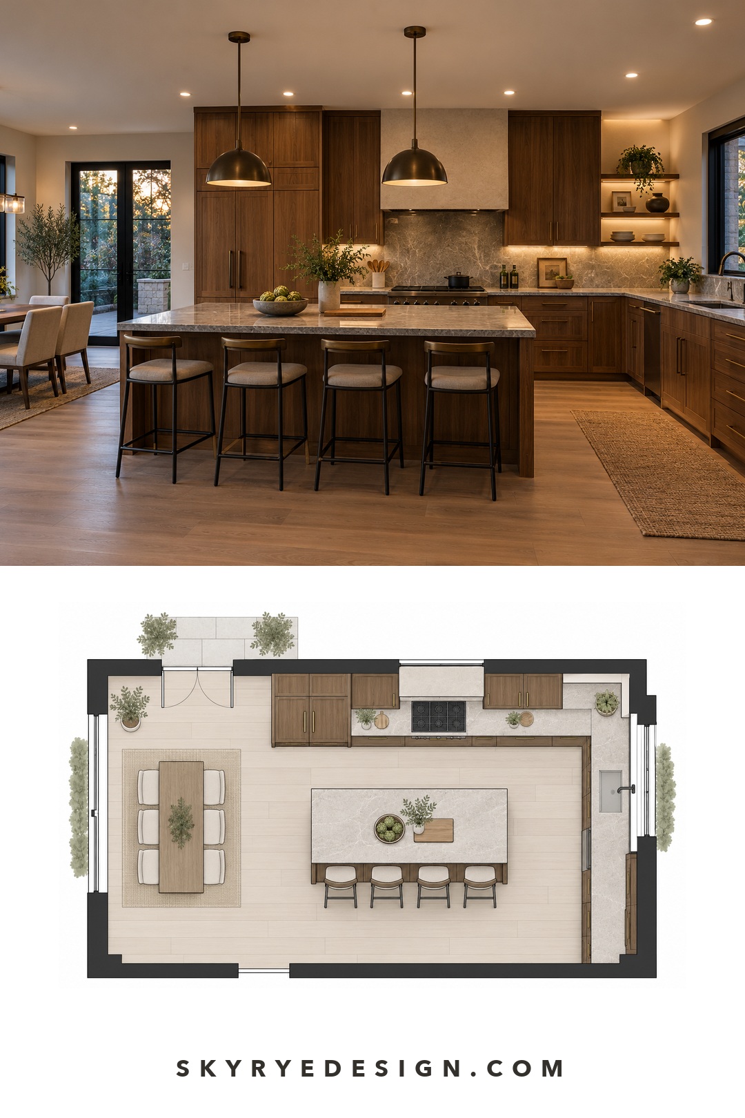 Modern kitchen and floor plan demonstrating ambient, task, pendant, and accent lighting