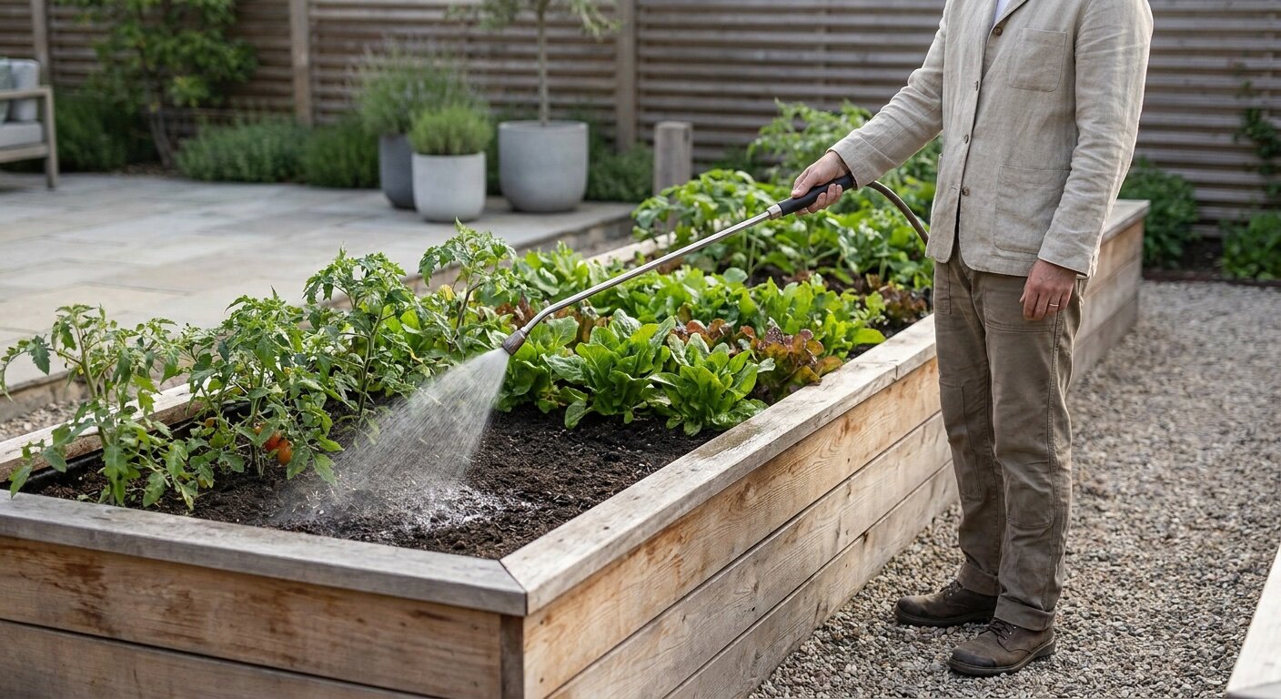 Long watering wand reaching the center of a raised vegetable bed from the path