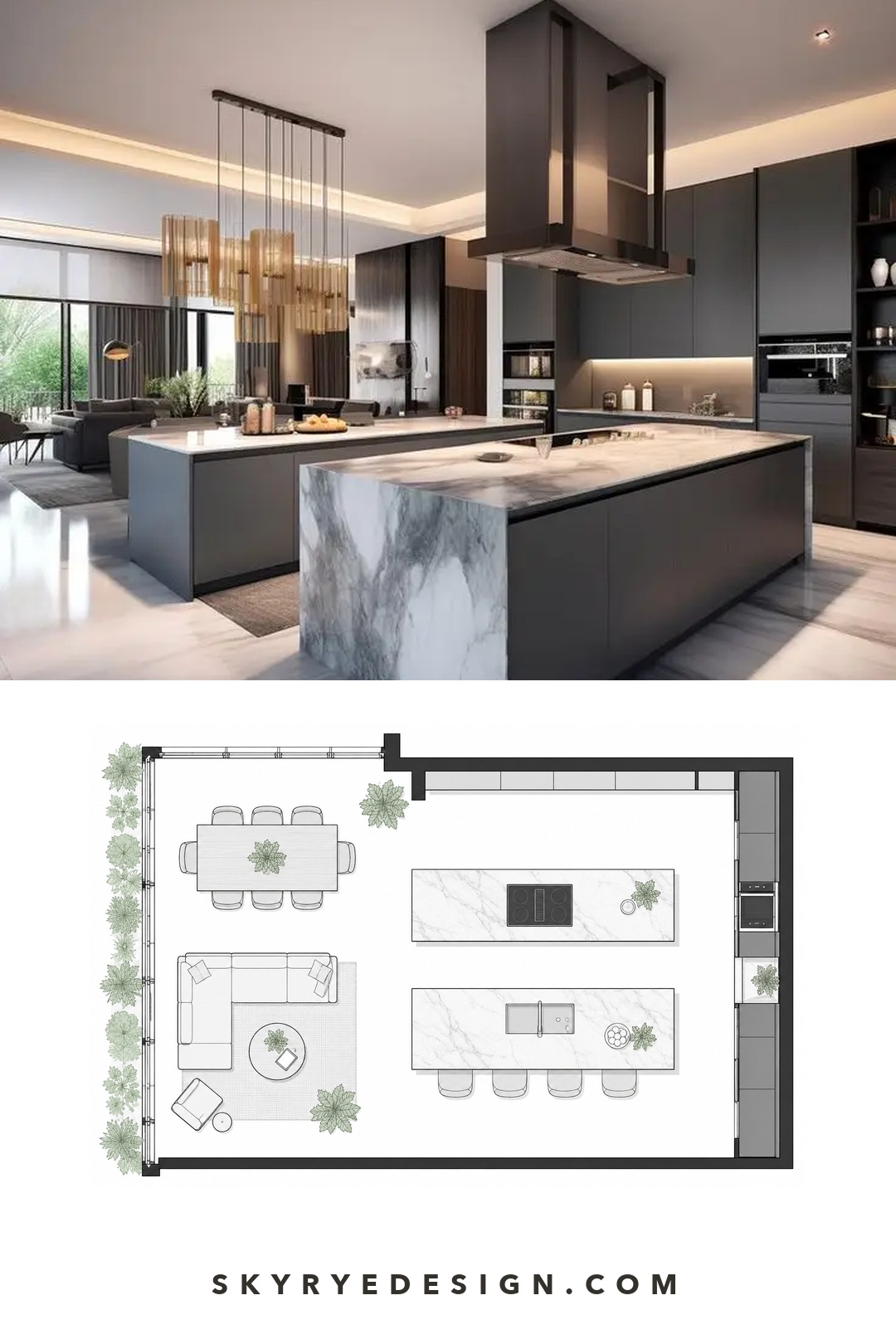 Luxury Villa Kitchen and Family Plan Luxury open-plan kitchen paired with a top-down kitchen and family layout. | Sky Rye Design Luxury open-plan kitchen paired with a top-down kitchen and family layout.