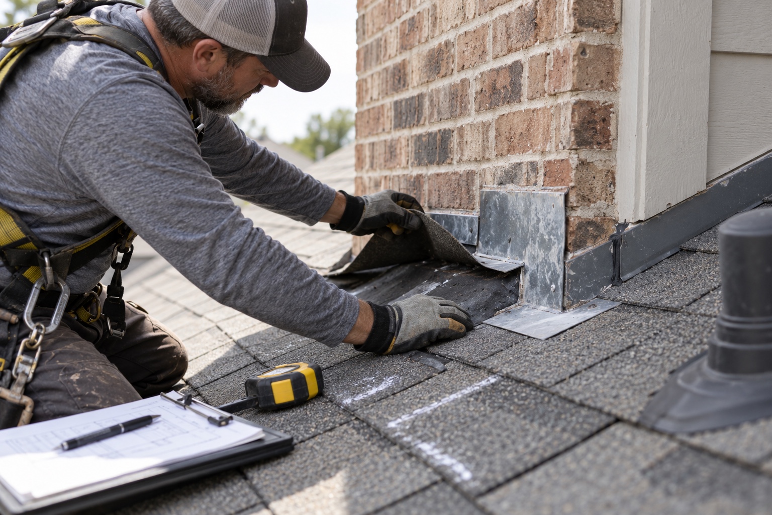 Roof System Inspection Roofer inspecting step flashing and underlayment on a shingle roof | Sky Rye Design Roofer inspecting step flashing and underlayment on a shingle roof