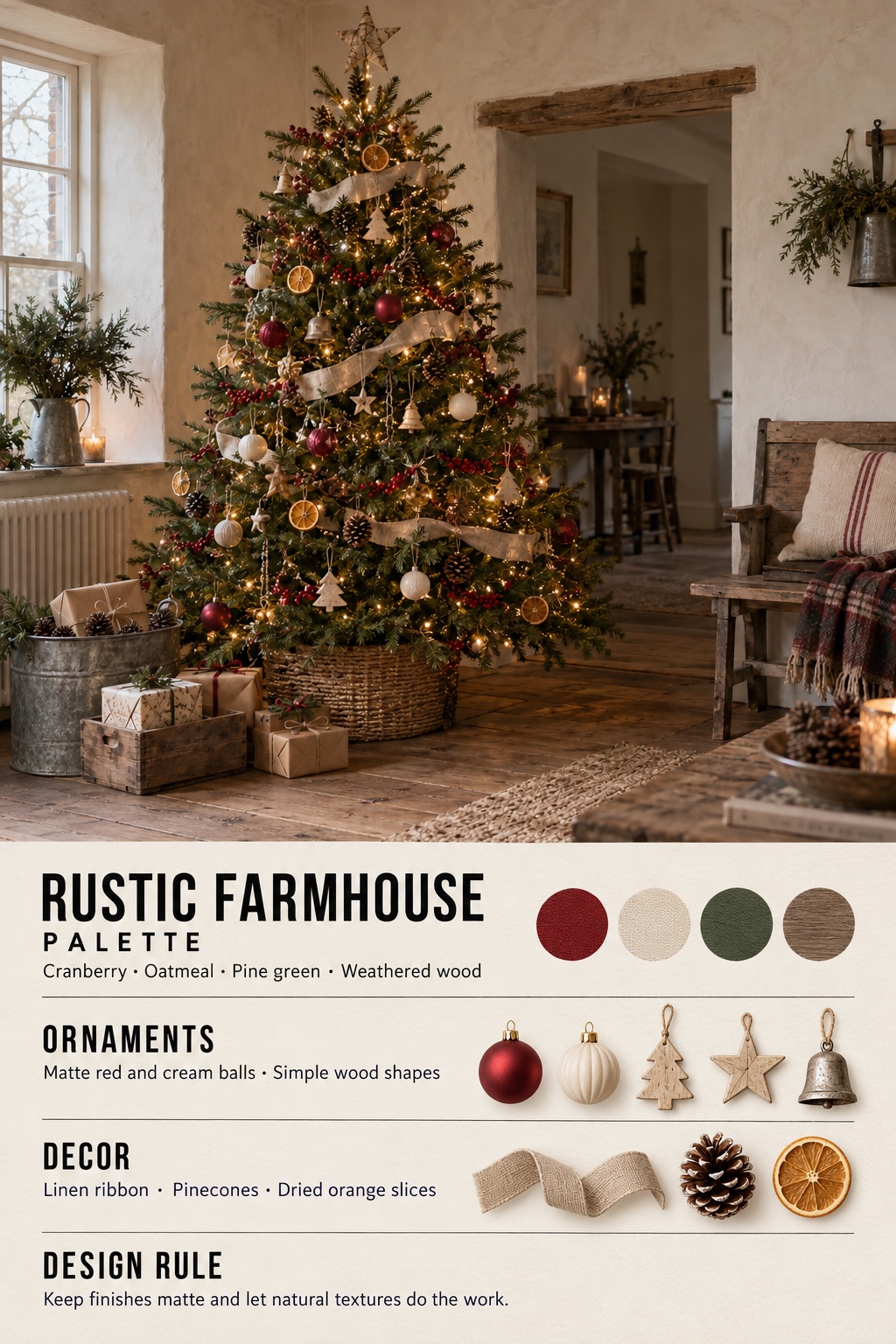 Rustic Farmhouse Christmas Tree Infographic Rustic Farmhouse Christmas tree infographic with color palette, ornaments, decor, and design rule | Sky Rye Design Rustic Farmhouse Christmas tree infographic with color palette, ornaments, decor, and design rule