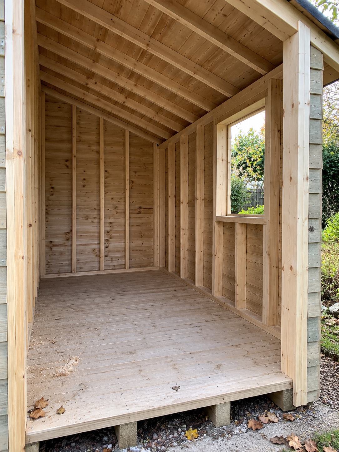 Interior of an unlined timber shed shell showing deep wall studs, floor joists, sloping roof rafters and a roof overhang