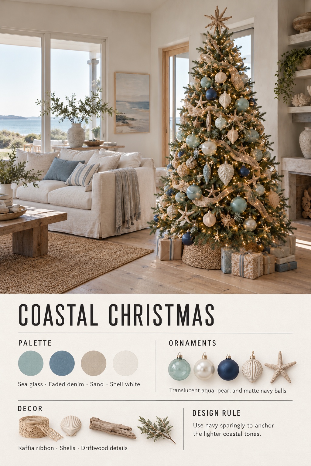 Coastal Christmas Tree Infographic Coastal Christmas tree infographic with color palette, ornaments, decor, and design rule | Sky Rye Design Coastal Christmas tree infographic with color palette, ornaments, decor, and design rule