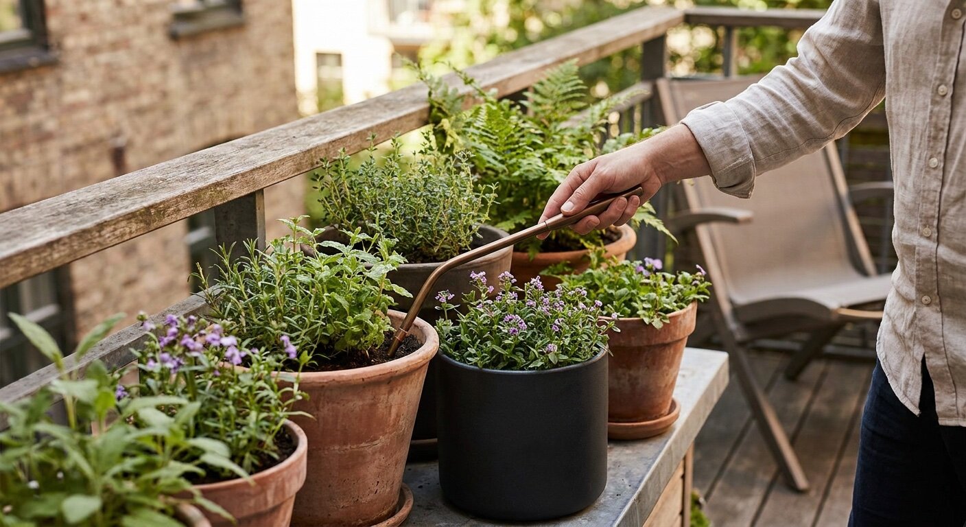 Compact watering wand maneuvering among containers on a small patio