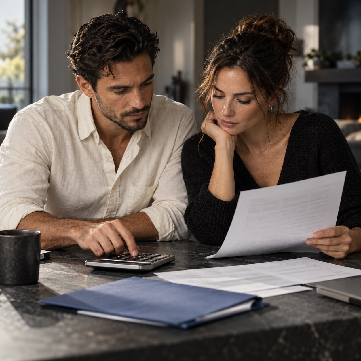 Reviewing moving budget constraints A couple reviews housing costs and budget limits at a stone table | Sky Rye Design A couple reviews housing costs and budget limits at a stone table