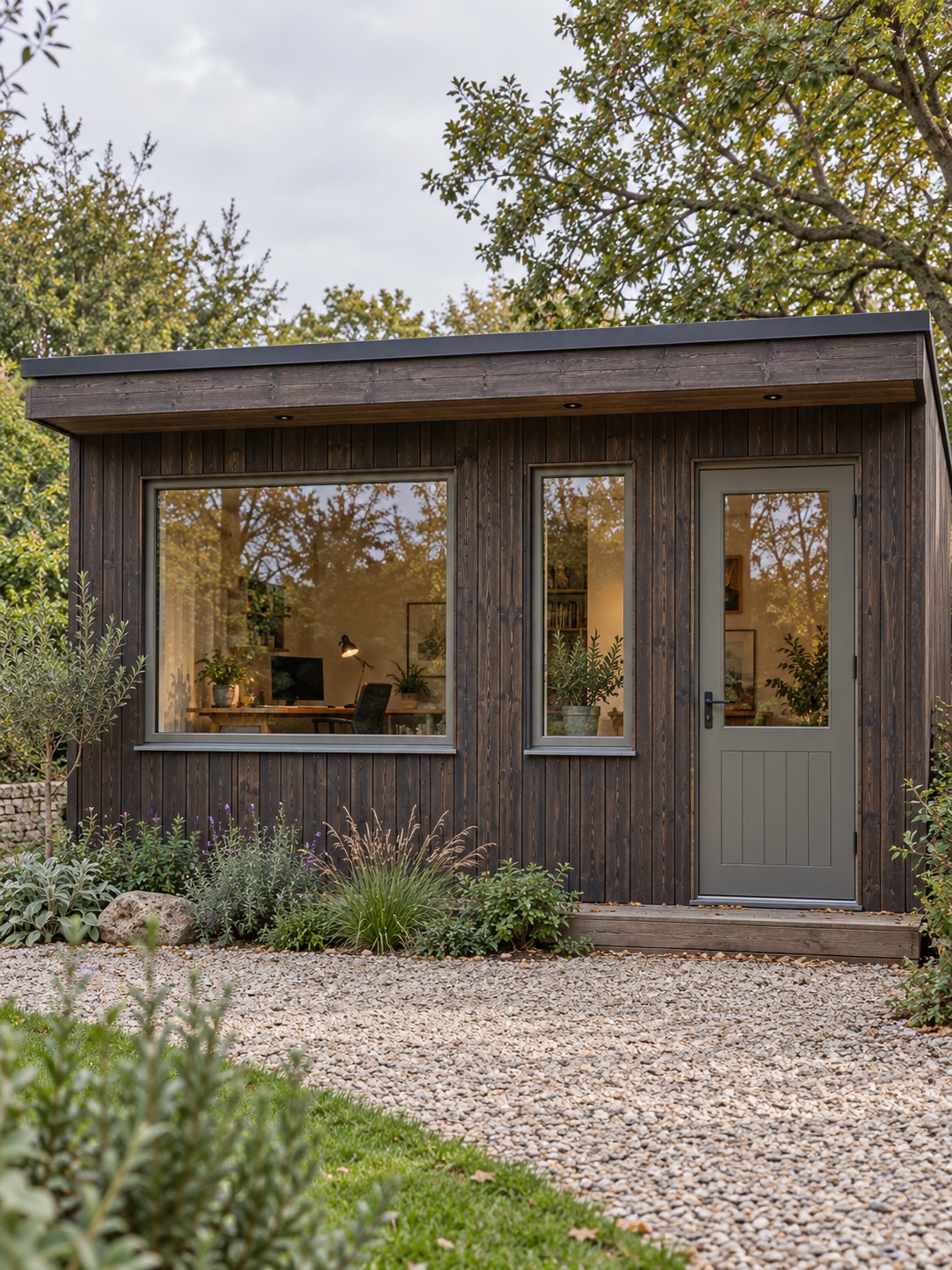 Front facade of a timber garden office with vertical cladding, a large aligned window and a half-glazed single door