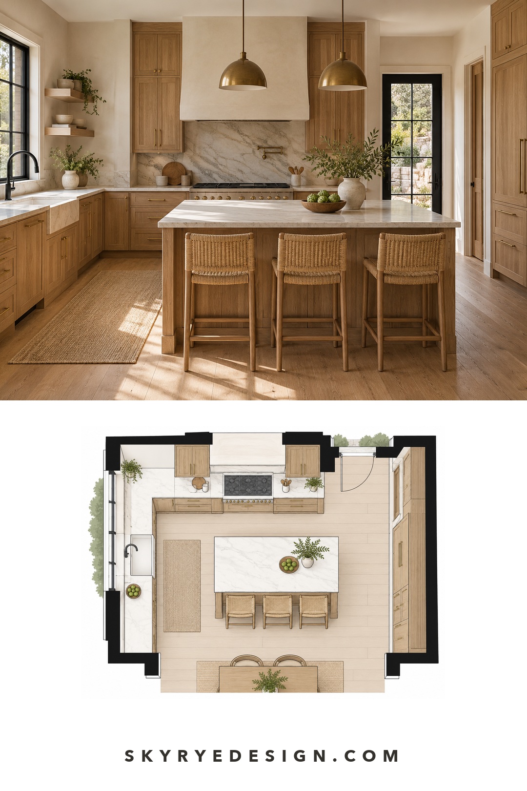 Oak kitchen and floor plan with repeated aged brass hardware and matte black accents
