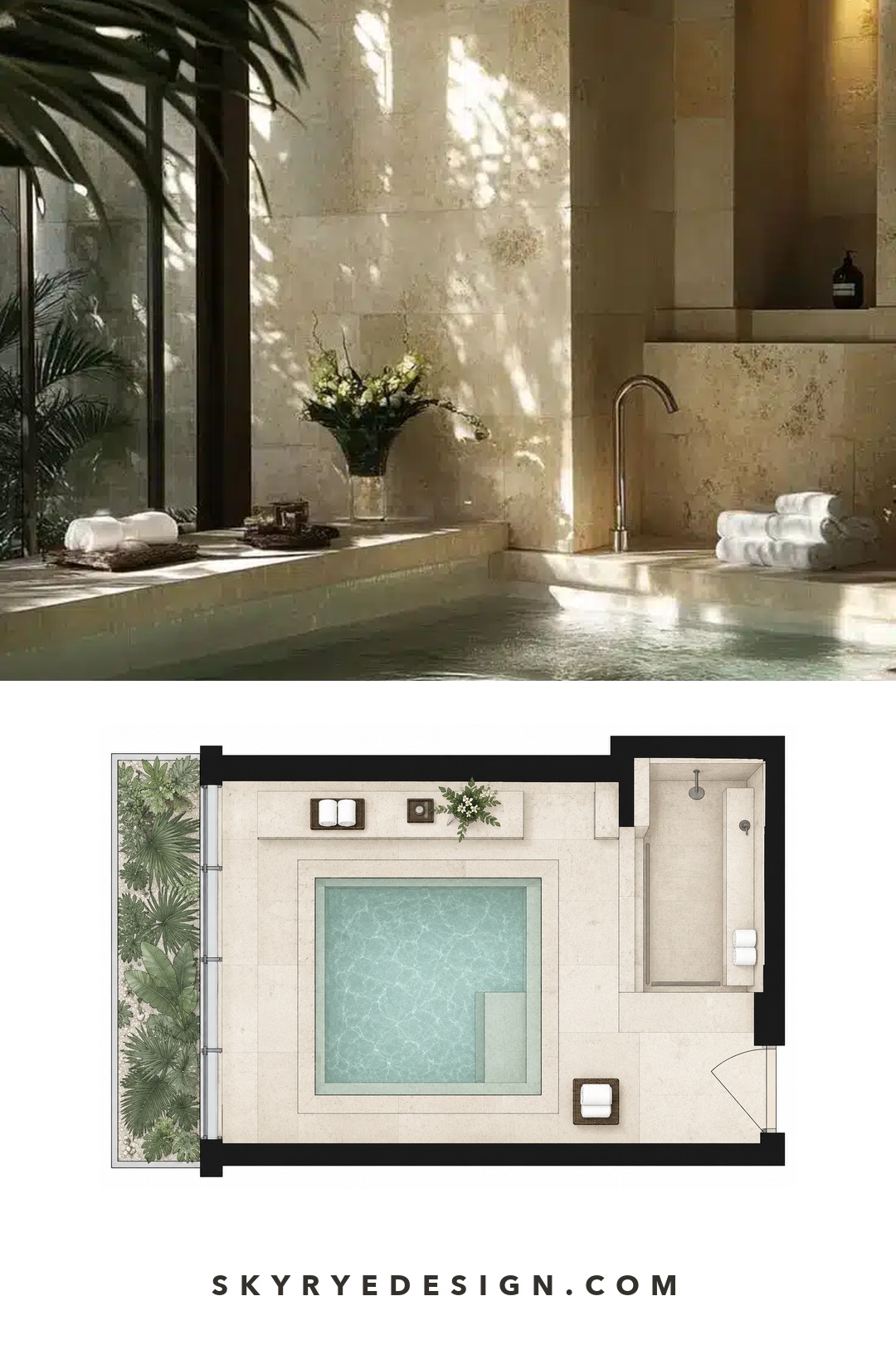 Luxury Villa Spa Bathroom Plan Stone spa bathroom paired with a top-down spa suite floor plan. | Sky Rye Design Stone spa bathroom paired with a top-down spa suite floor plan.