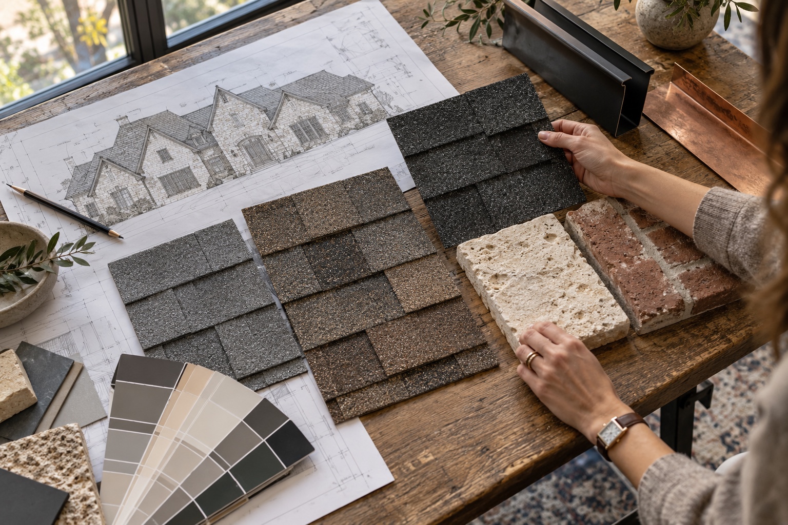 Roof Material Design Review Shingle and facade material samples arranged for a roof design review | Sky Rye Design Shingle and facade material samples arranged for a roof design review