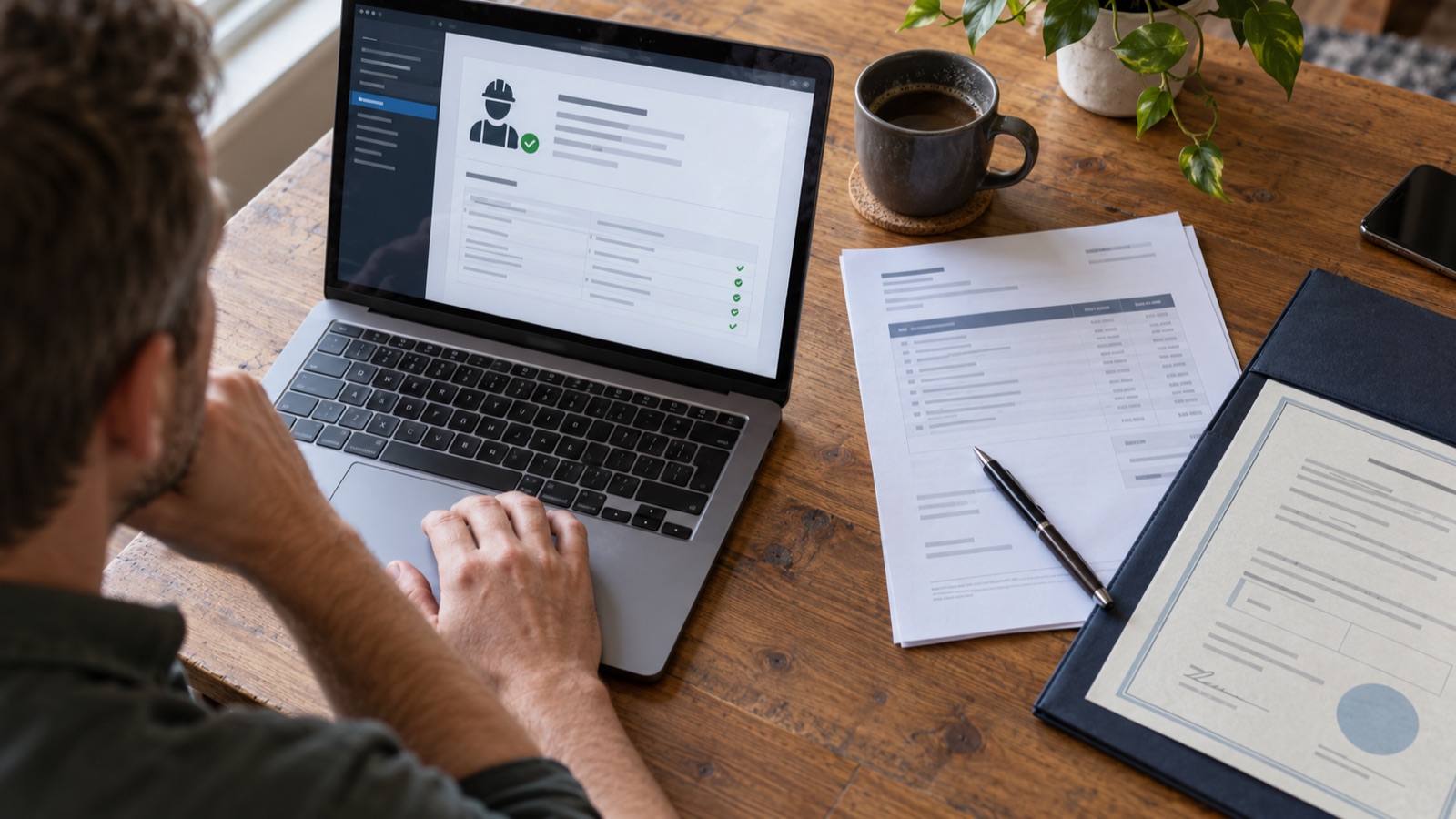 Homeowner checking electrician credentials beside a written quotation Homeowner checking electrician credentials beside a written quotation | Sky Rye Design Homeowner checking electrician credentials beside a written quotation