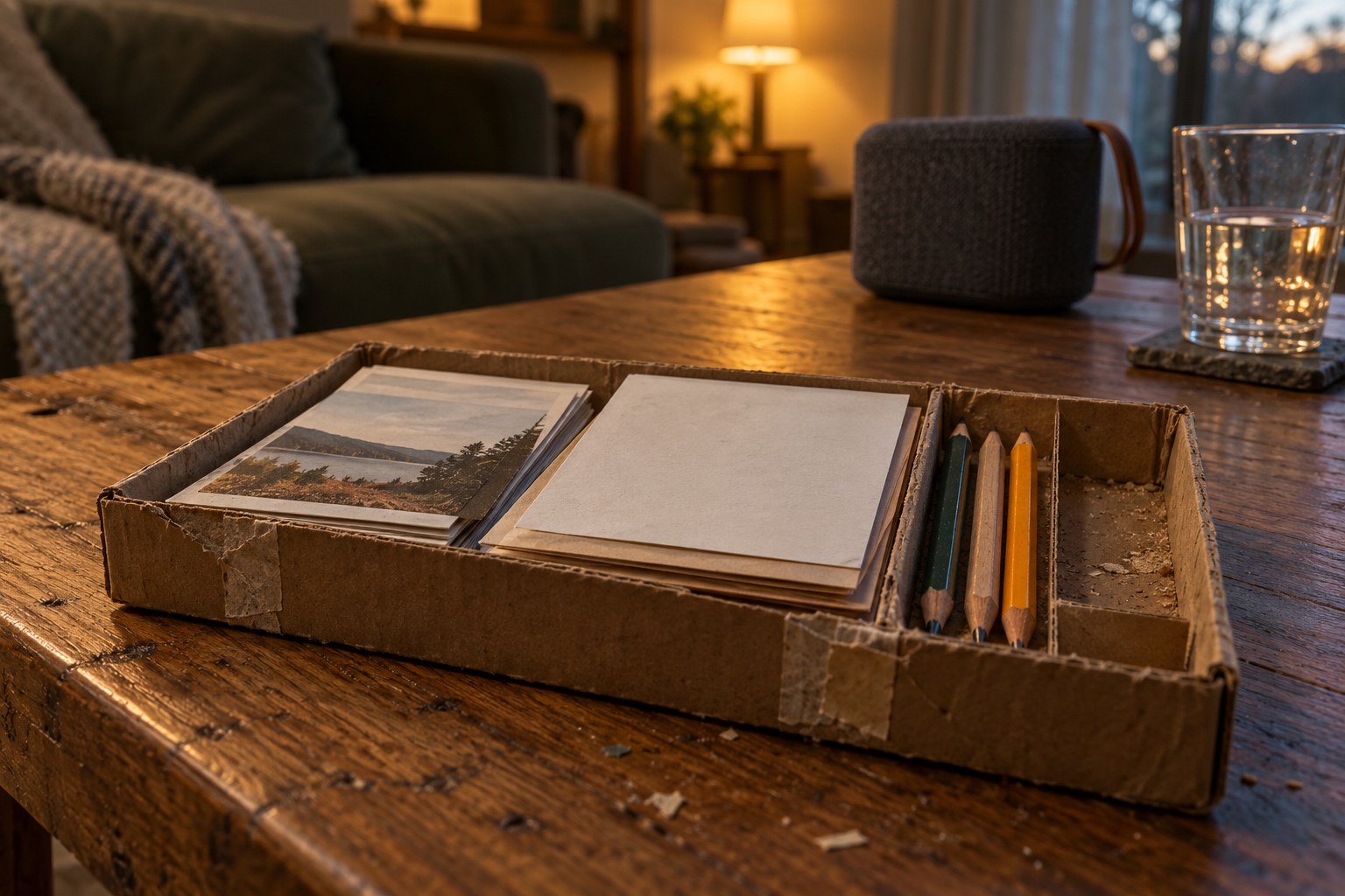 Setting a capacity limit Compact cardboard kit holding only cards, paper and pencils, with a speaker and glass left out of focus | Sky Rye Design Compact cardboard kit holding only cards, paper and pencils, with a speaker and glass left out of focus