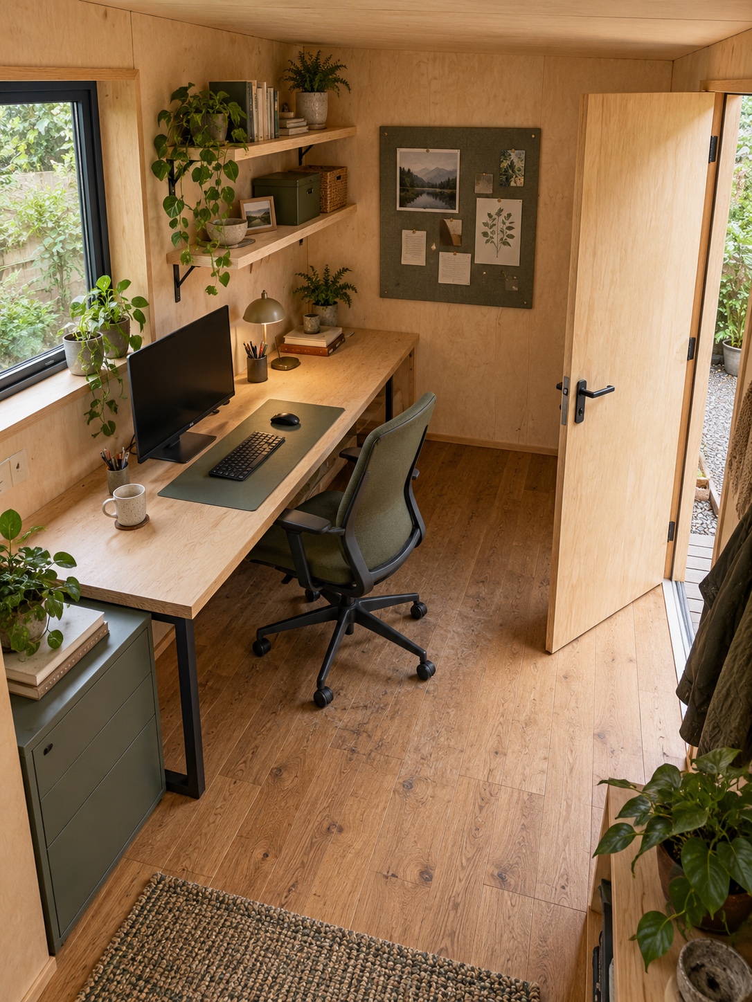 High view into a compact timber office showing a deep desk, chair clearance behind it, wall shelving and an inward door swing
