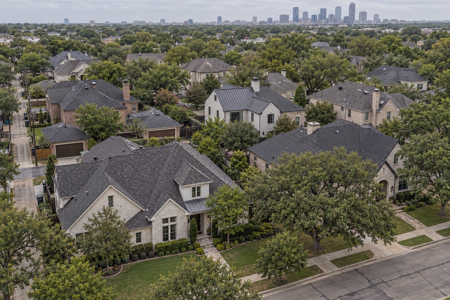 Dallas Roof Types Dallas neighborhood with varied architectural shingle and metal roof forms | Sky Rye Design Dallas neighborhood with varied architectural shingle and metal roof forms