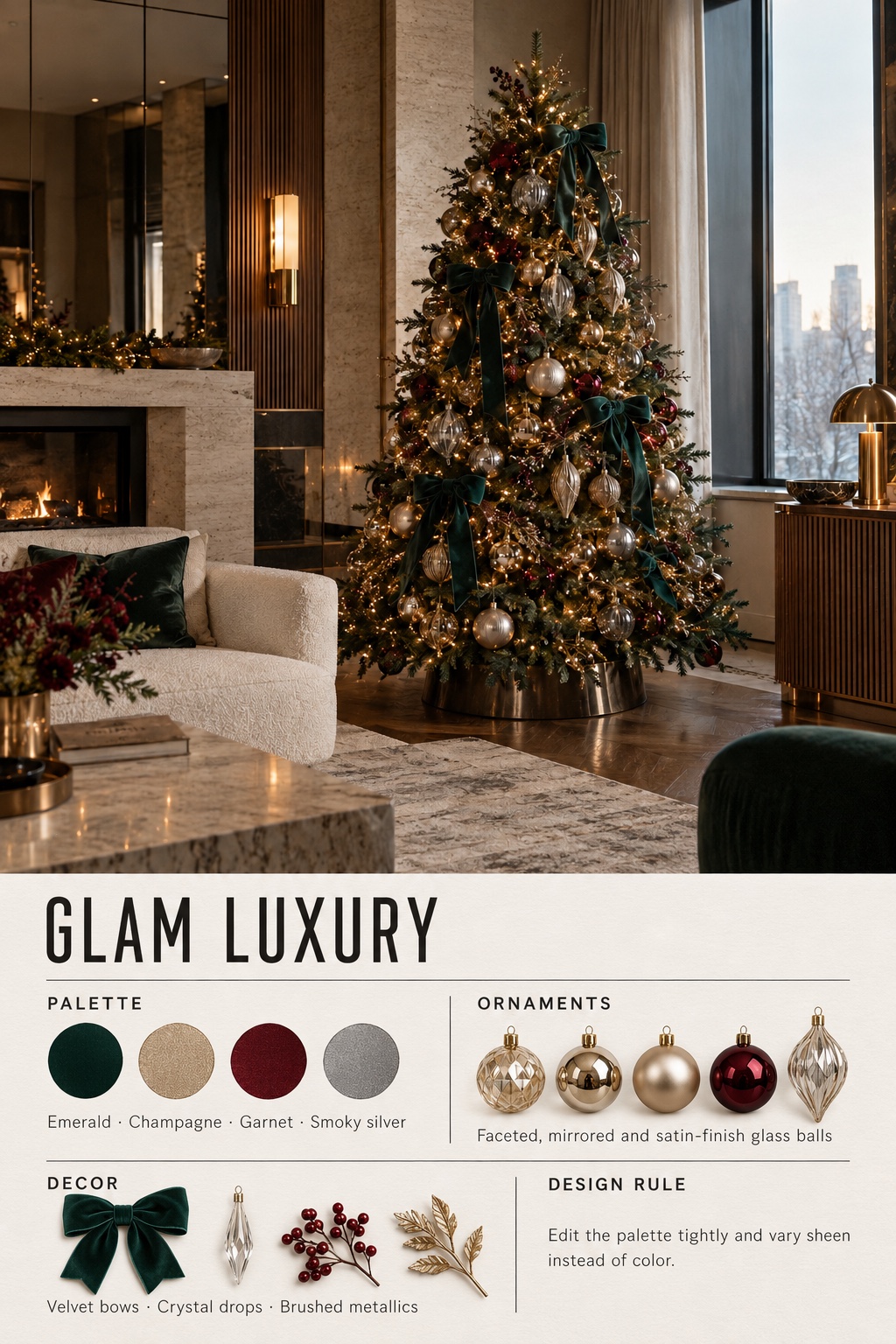 Glam Luxury Christmas Tree Infographic Glam Luxury Christmas tree infographic with color palette, ornaments, decor, and design rule | Sky Rye Design Glam Luxury Christmas tree infographic with color palette, ornaments, decor, and design rule